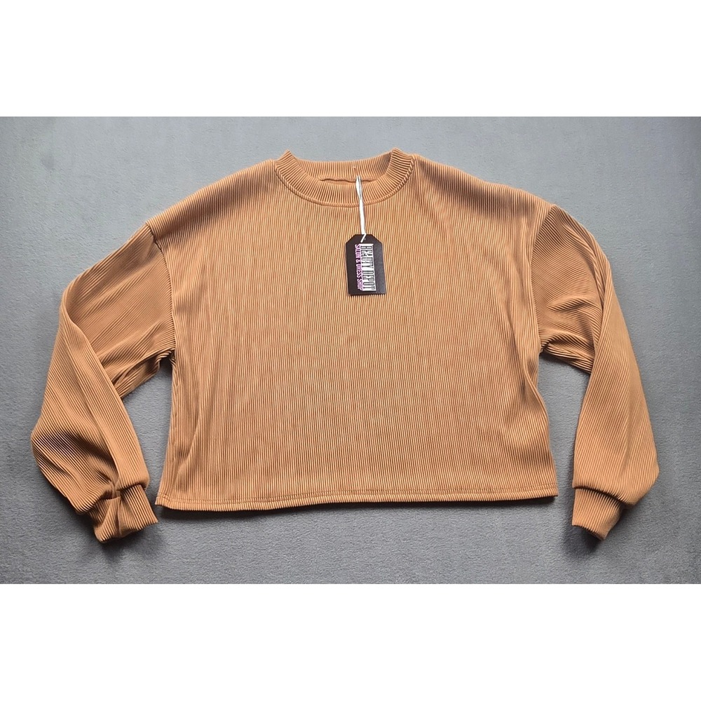 Beauty Depot Camel Ribbed Crop Long Sleeve Top Womens SMALL Tan Crew Neck Boxy